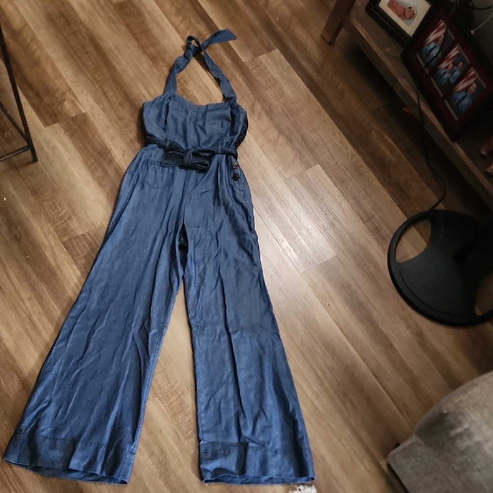 Elevenses Anthropologie Blue Wide Leg Halter Jumpsuit 70s Boho Retro - Picture 3 of 11